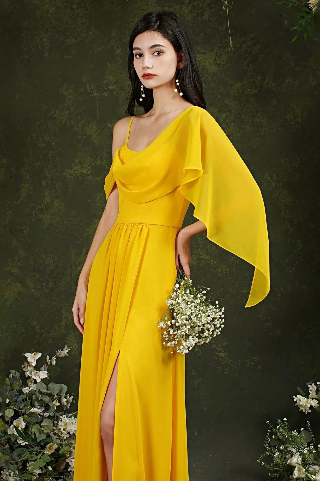 Elegant A-line Chiffon Ruffles Floor-length Split Bridesmaid Dress With Pockets