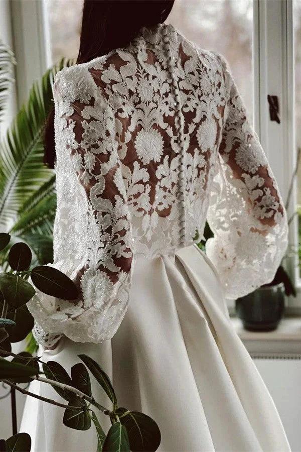 Elegant A-line High Neck Satin Lace Long Sleeves Wedding Dress with Pockets