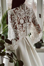 Elegant A-line High Neck Satin Lace Long Sleeves Wedding Dress with Pockets