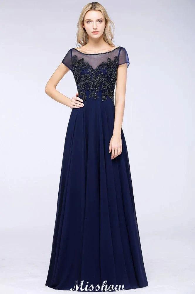 Elegant A-Line Short Sleeve Appliques Beads Bridesmaid Dresses Floor-Length Evening Dress