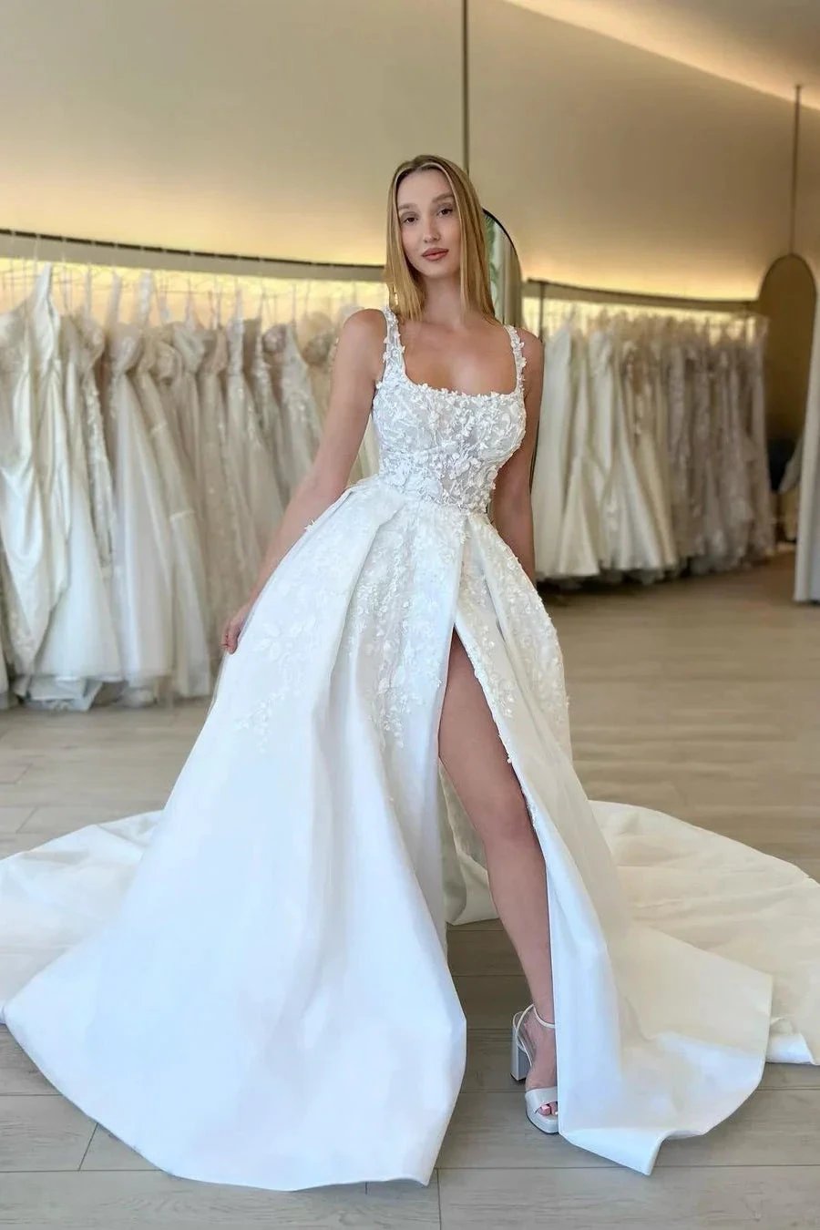 Elegant A-line Straps Flowers Sleeveless Lace Wedding Dress With Slit