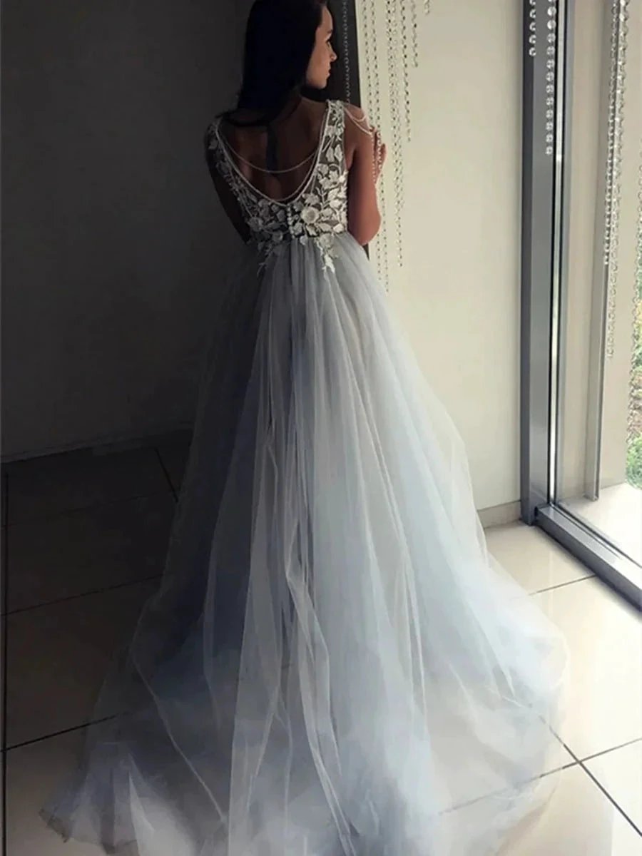 Elegant A-line V Neck Open Back Lace Appliques Long Formal Prom Dresses