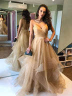 Elegant A-line V Neck Puffy Tulle Backless Long Prom Dresses