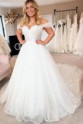 Elegant A-line White Off-the-Shoulder Pearls Sleeveless Wedding Dress
