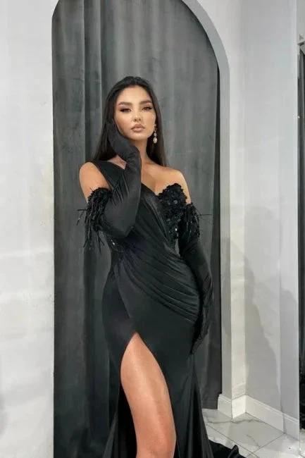 Elegant Black Long Mermaid One Shoulder Sequined Prom Dresses With Slit