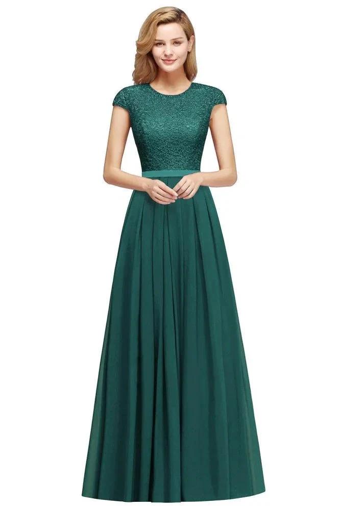 Elegant Cap Sleeves A Line Evening Swing Dress Navy Blue Long Party Dress