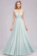 Elegant Chiffon Lace V-Neck Sleeveless Floor-Length A-Line Bridesmaid Dress with Beadings