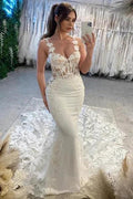 Elegant Column Lace Spaghetti Straps Sleeveless White Wedding Dress With Appliques Train