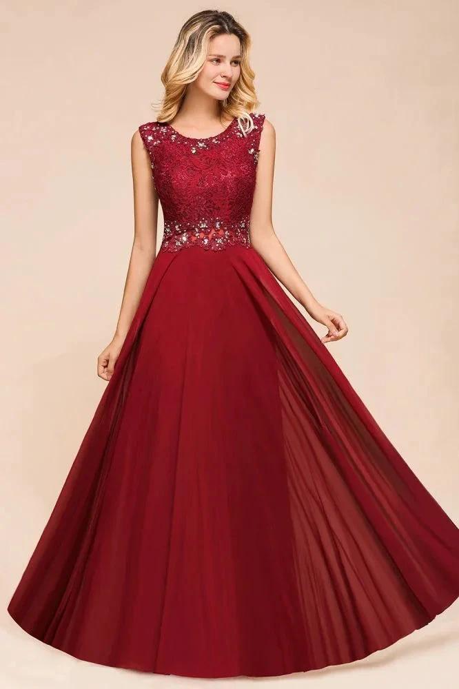 Elegant Crew Neck aline Beading Evening Dress Sleeveless Lace Floor Length Party Dress
