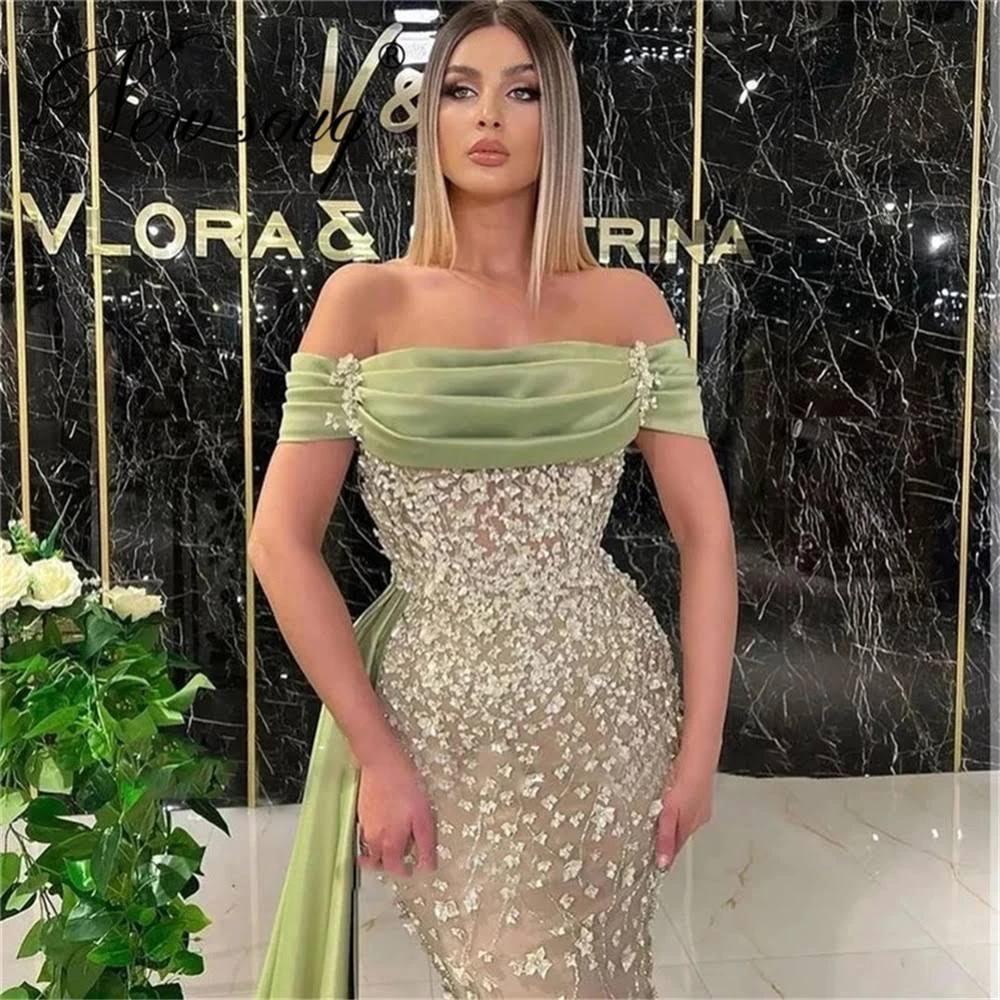 Elegant Dusty Sage Long Mermaid Off-the-shoulder Prom Dress With Lace