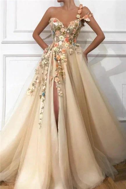 Elegant Evening Dress Long Sexy Sweetheart Front Slit Appliques Flowers Prom Dress