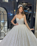 Elegant Floor Length Sweetheart Sleeveless A-Line Sequined Wedding Dress with Ruffles