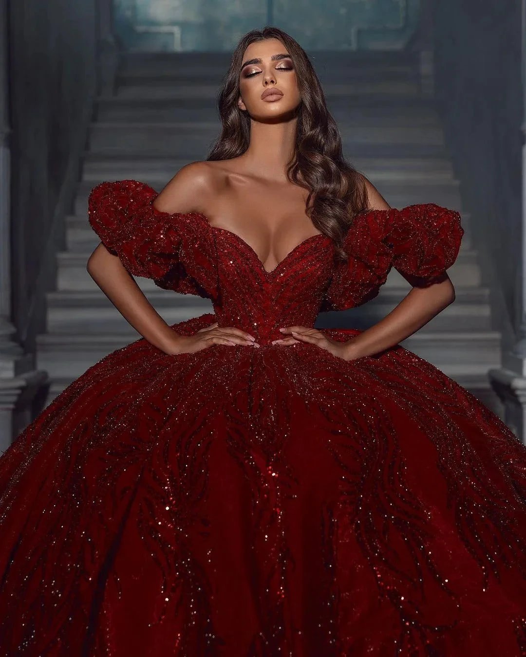 Elegant Floor Length V-Neck Sleeveless Off-The-Shoulder A-Line Sequined Wedding Dress with Ruffles