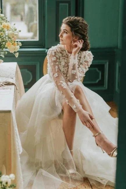 Elegant Hi-lo Lace Tulle Wedding Dresses With Long Sleeves