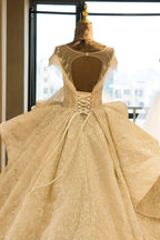 Elegant Illusion neck Cap Sleeve Appliques Tulle A-line Princess Wedding Dress