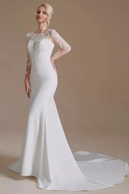 Elegant Jewel Long-Sleeve Mermaid Floor-Length Satin Wedding Dresses with Pattern