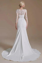 Elegant Jewel Long-Sleeve Mermaid Floor-Length Satin Wedding Dresses with Pattern