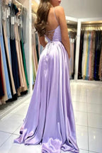Elegant Lilac Long A-line Spaghetti Straps Lace-Up Satin Prom Dresses
