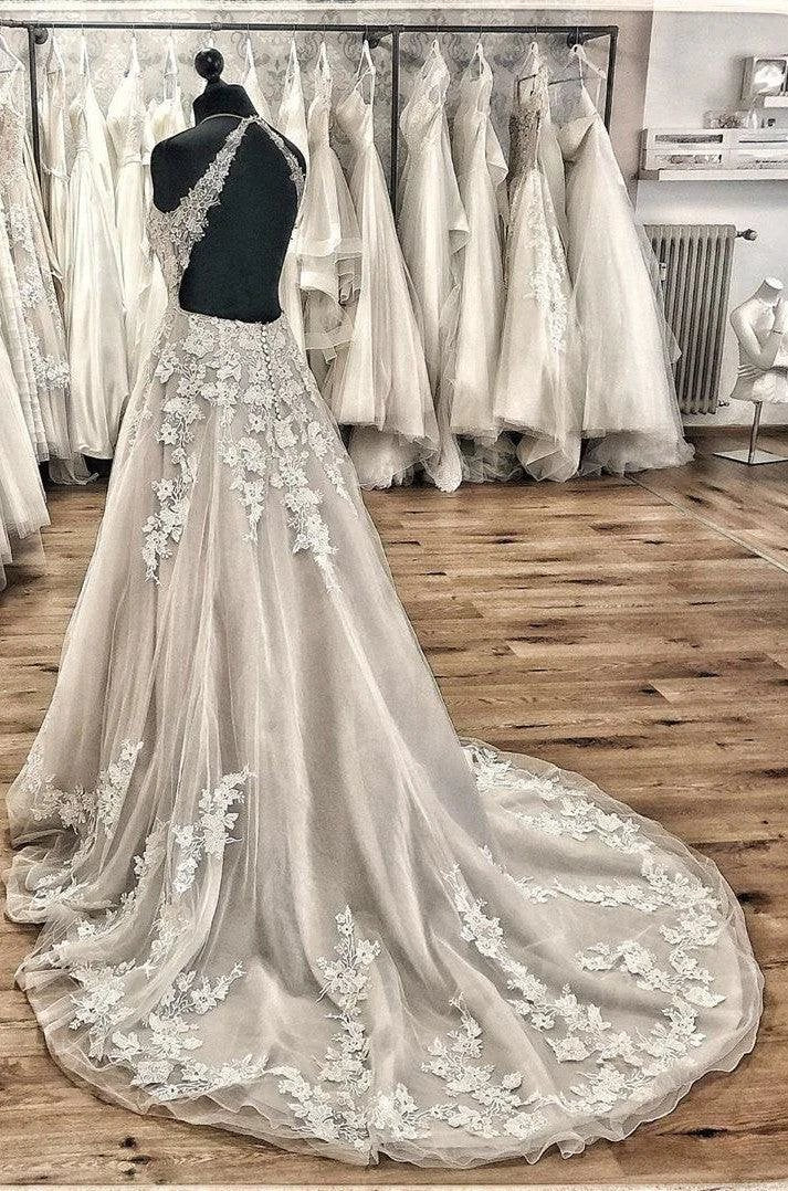 Elegant Long A-line Halter Backless Appliques Lace Tulle Ruffles Train Wedding Dress