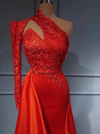 Elegant Long A-line One Shouder Satin Prom Dress with Sleeves