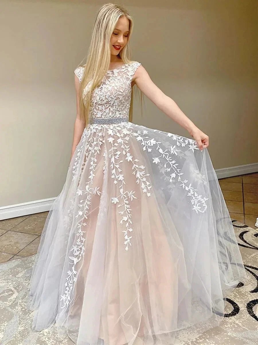 Elegant Long A-line Tulle Lace Round Neck Backless Formal Prom Dresses