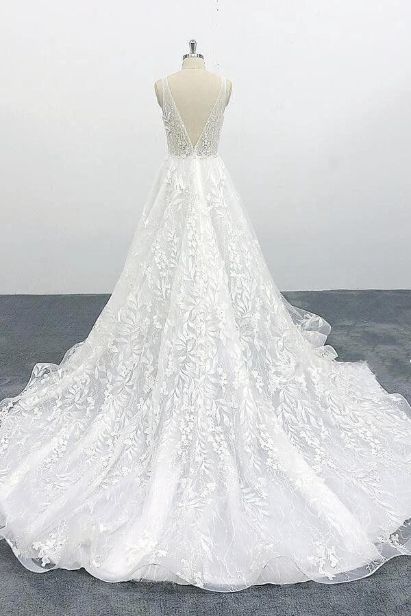 Elegant Long A-line V-neck Appliques Lace Tulle Backless Wedding Dress