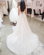 Elegant Long A-line V-neck Lace Tulle Backless Wedding Dresses