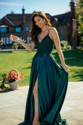 Elegant Long A-line V-neck Satin Sleeveless Prom Dress with Slit