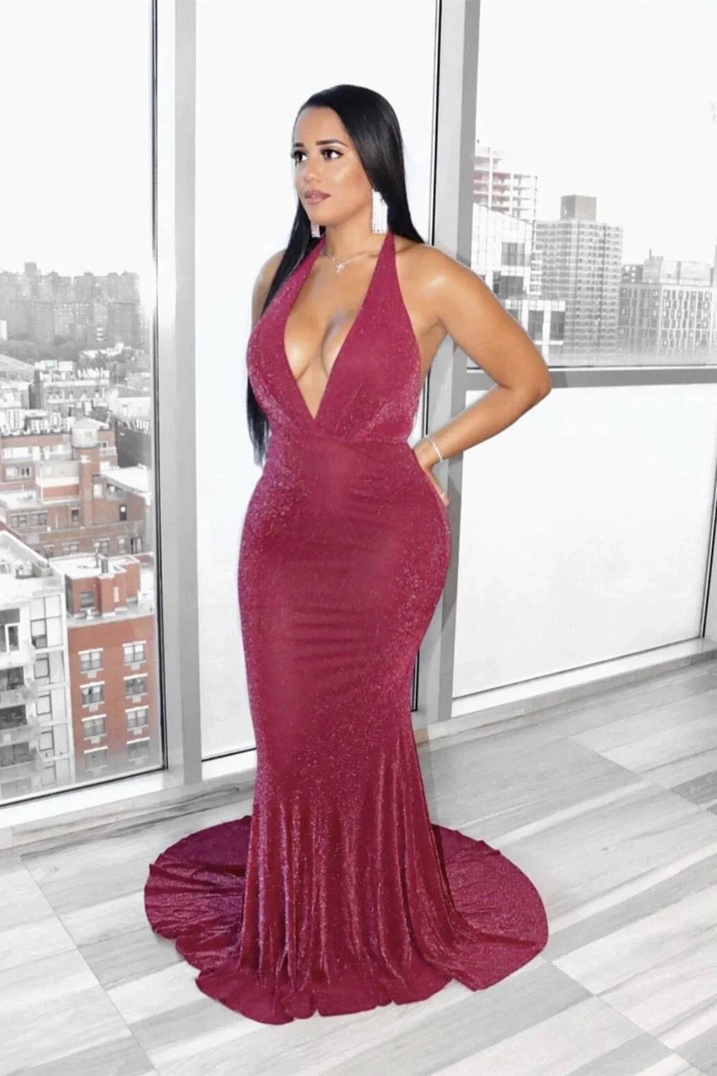 Elegant Long Mermaid Halter Sleeveless V-neck Prom Dress