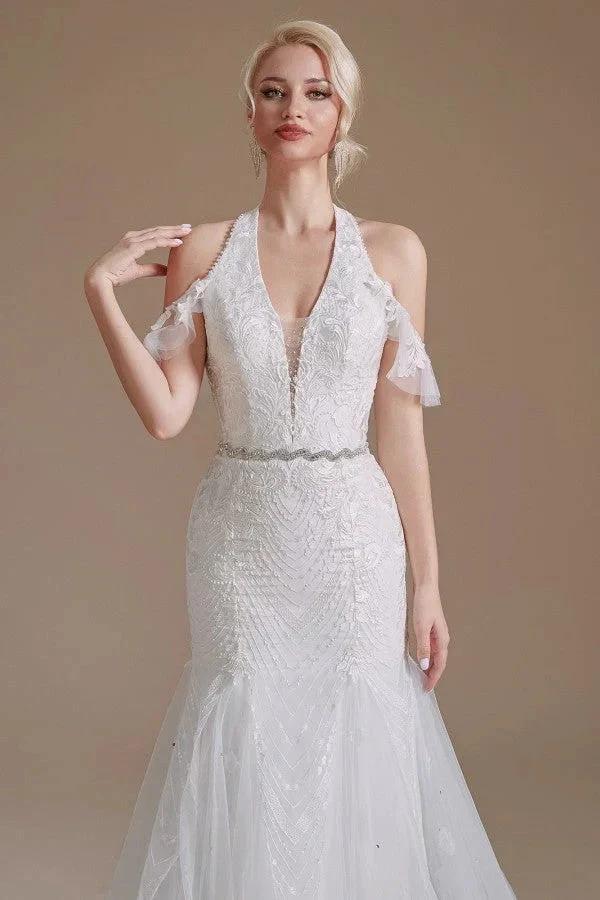 Elegant Long Mermaid Halter Tulle Floor-Length Wedding Dress with Appliques Lace