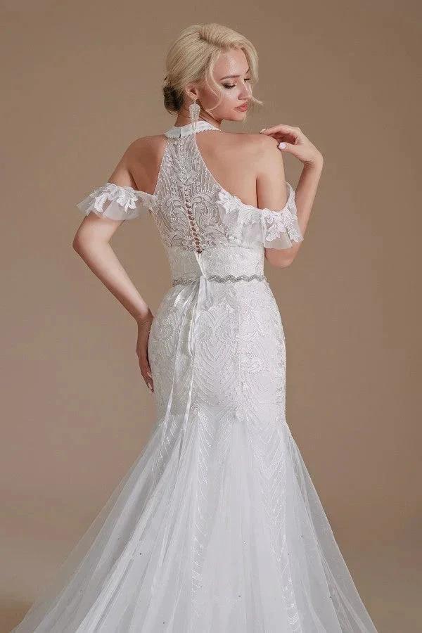 Elegant Long Mermaid Halter Tulle Floor-Length Wedding Dress with Appliques Lace