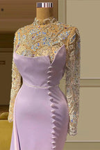 Elegant Long Mermaid High Neck Lace Beading Prom Dress With Long Sleeves