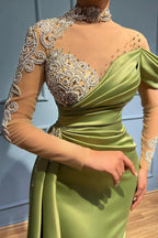 Elegant Long Mermaid High Neck Satin Lace Prom Dresses with Sleeves