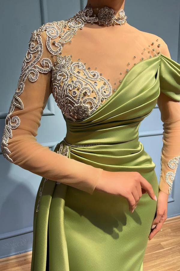 Elegant Long Mermaid High Neck Satin Lace Prom Dresses with Sleeves