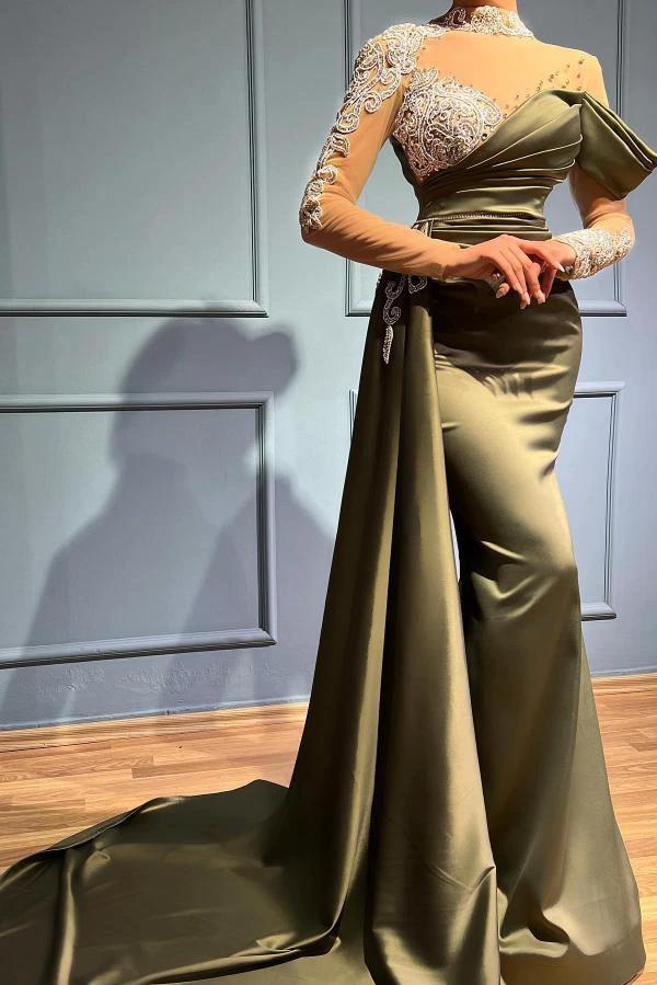 Elegant Long Mermaid High Neck Satin Lace Prom Dresses with Sleeves