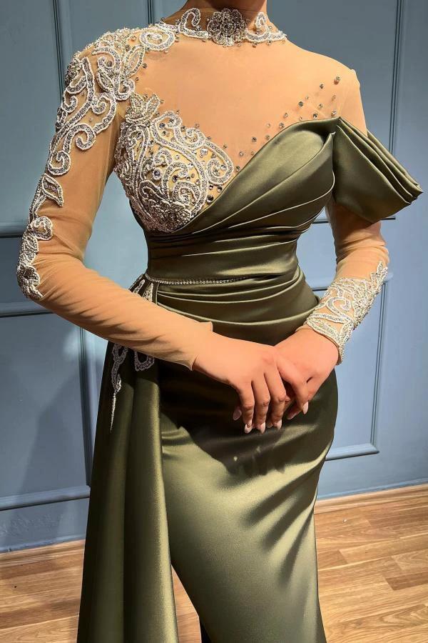 Elegant Long Mermaid High Neck Satin Lace Prom Dresses with Sleeves
