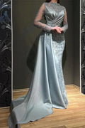 Elegant Long Mermaid Jewel Satin Appliques Lace Beading Prom Dress with Sleeves