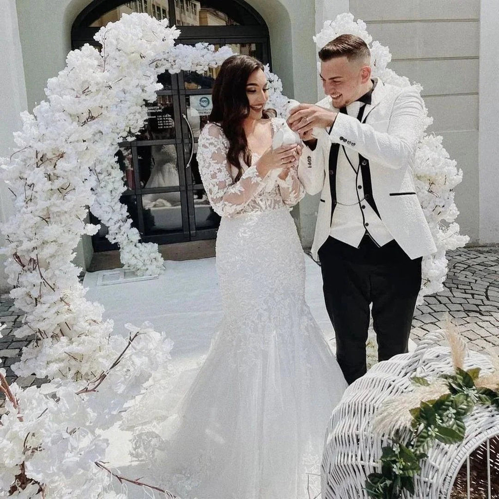 Elegant Long Mermaid Lace Open Back Wedding dresses with Sleeves