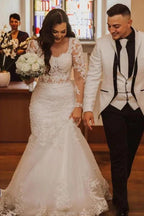 Elegant Long Mermaid Lace Open Back Wedding dresses with Sleeves