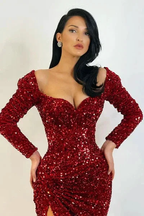 Elegant Long Mermaid Long Sleeves Sequined Prom Dress With Slit