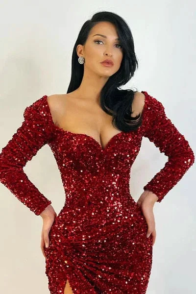 Elegant Long Mermaid Long Sleeves Sequined Prom Dress With Slit