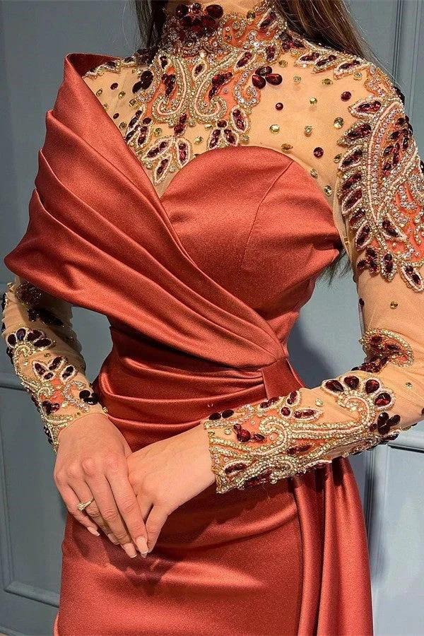 Elegant Long Mermaid One Shoulder Ruffles Satin Beading Lace Prom Dress with Sleeves