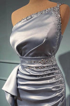 Elegant Long Mermaid One Shoulder Satin Glitter Prom Dress