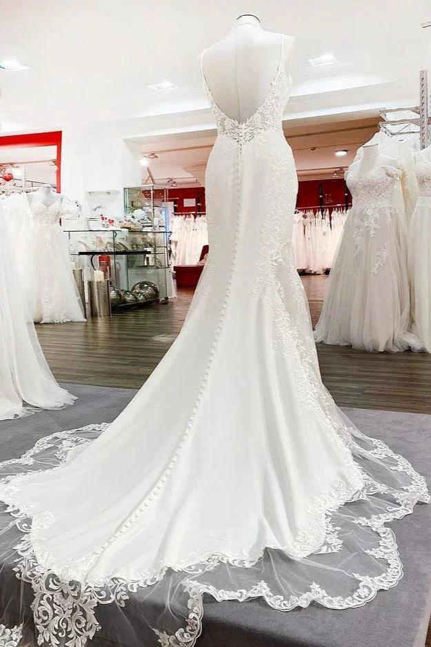 Elegant Long Mermaid Spaghetti Straps Lace Satin Open Back Wedding Dress