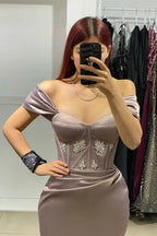Elegant Long Off-The-Shoulder Satin Mermaid Prom Dress With Rhinestone