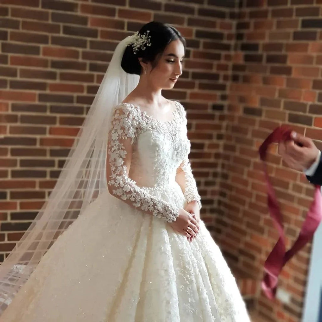 Elegant Long Princess Tulle Lace Wedding Dresses with Sleeves