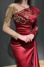 Elegant Long Sleeves Mermaid Asymmetrical Ruffles Satin Tulle Prom Dresses
