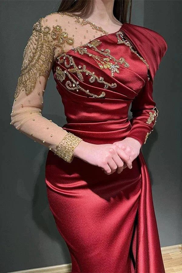 Elegant Long Sleeves Mermaid Asymmetrical Ruffles Satin Tulle Prom Dresses