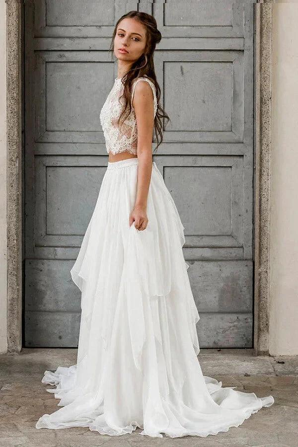 Elegant Long Two Piece A-line Lace Chiffon Wedding Dress