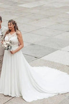 Elegant Long White A-line Lace Chiffon Sleeveless Backless Wedding Dress
